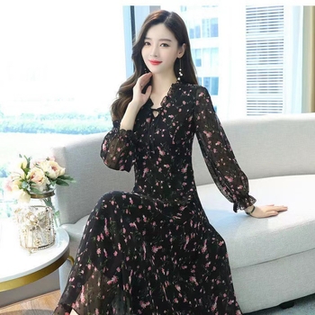 Ljetna nova uska elegantna haljina s dugim rukavima i cvjetnim uzorkom od šifona, Dahua