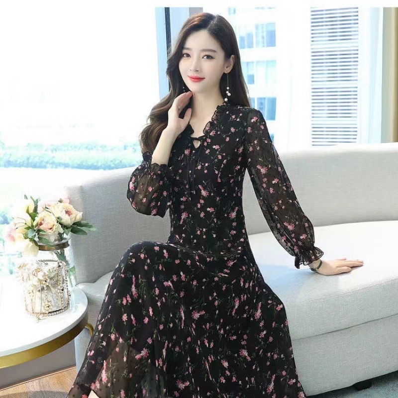 Ljetna nova uska elegantna haljina s dugim rukavima i cvjetnim uzorkom od šifona, Dahua