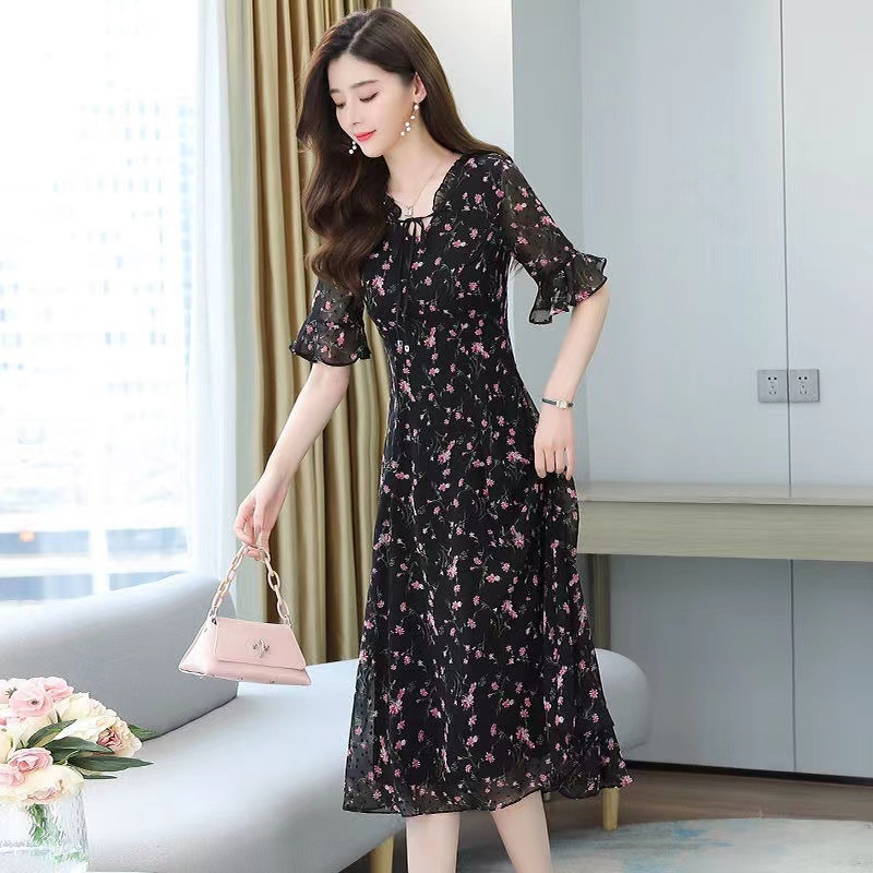 Ljetna nova uska elegantna haljina s dugim rukavima i cvjetnim uzorkom od šifona, Dahua