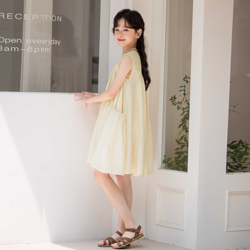 Kórejské detské oblečenie pre dievčatá, čisto farebné šaty, jednoduchá veľká sukňa, vesta, letné šaty 2025, rodinné oblečenie, sukňa pre matku a dcéru