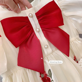 Haljina za djevojčice 2024. Novi stil dječje ljetne haljine s puf rukavima i mašnom, vezena haljina za djevojčice