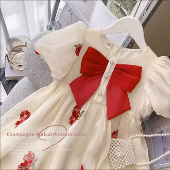 Haljina za djevojčice 2024. Novi stil dječje ljetne haljine s puf rukavima i mašnom, vezena haljina za djevojčice