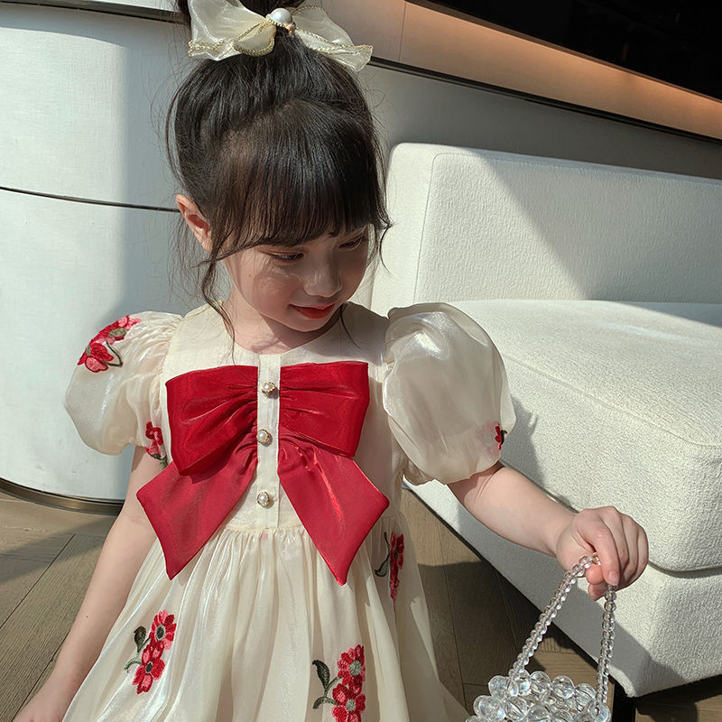 Haljina za djevojčice 2024. Novi stil dječje ljetne haljine s puf rukavima i mašnom, vezena haljina za djevojčice