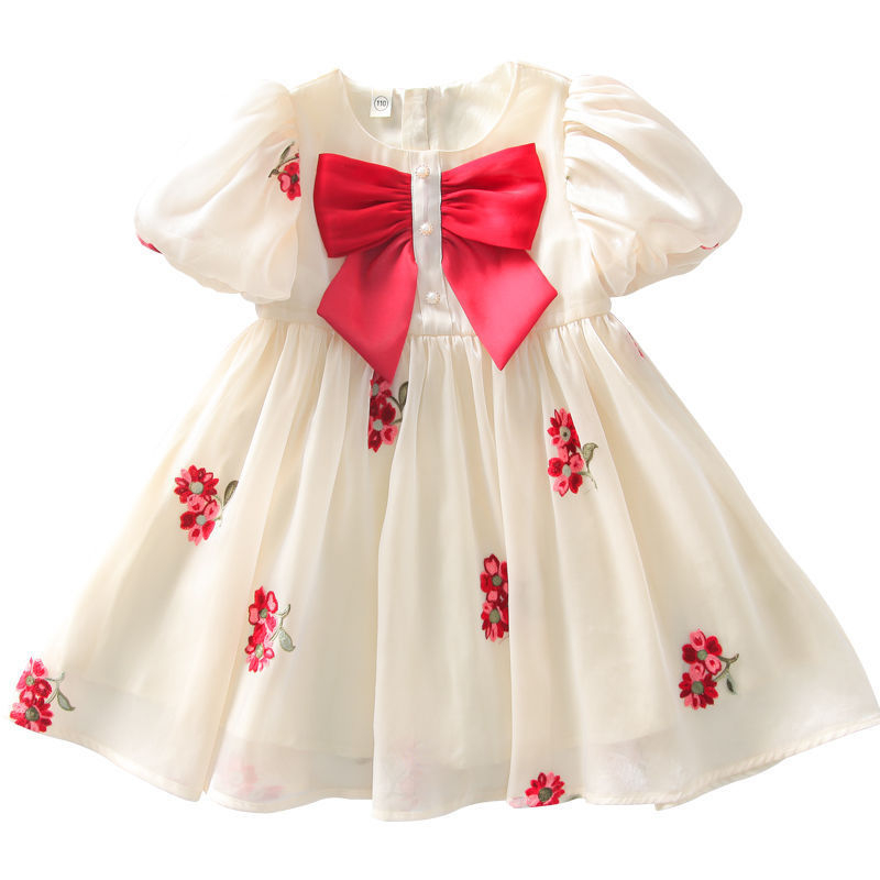 Haljina za djevojčice 2024. Novi stil dječje ljetne haljine s puf rukavima i mašnom, vezena haljina za djevojčice