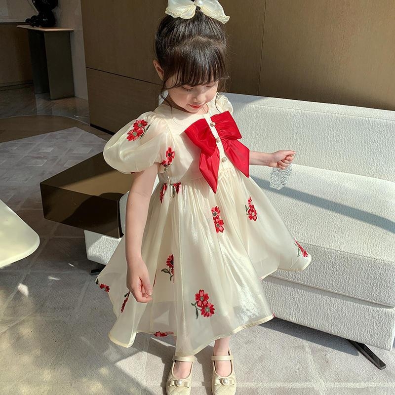 Haljina za djevojčice 2024. Novi stil dječje ljetne haljine s puf rukavima i mašnom, vezena haljina za djevojčice