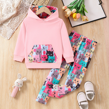 Vanjskotrgovinsko veleprodajno odijelo za djevojčice s proljetnim i jesenskim modnim dugim rukavima, dvodijelno dječje djevojačko slatko odijelo s crtićem i mačkom