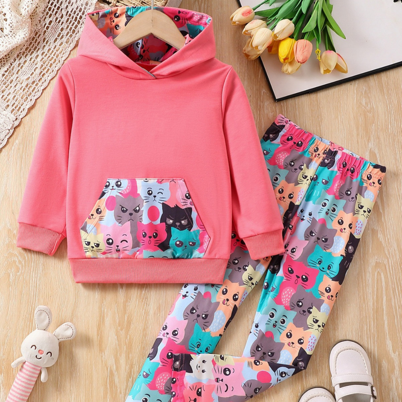 Vanjskotrgovinsko veleprodajno odijelo za djevojčice s proljetnim i jesenskim modnim dugim rukavima, dvodijelno dječje djevojačko slatko odijelo s crtićem i mačkom
