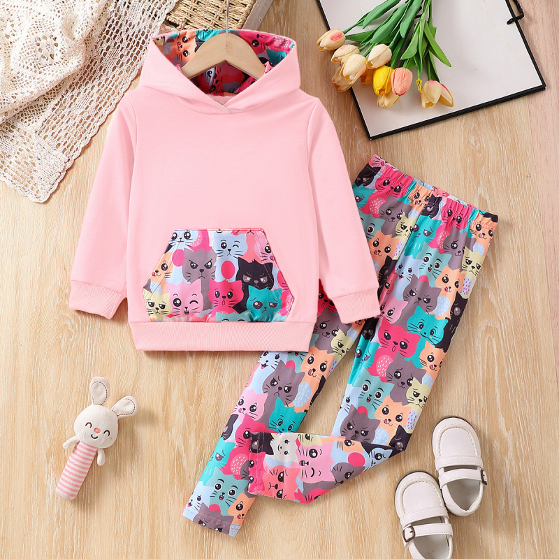Vanjskotrgovinsko veleprodajno odijelo za djevojčice s proljetnim i jesenskim modnim dugim rukavima, dvodijelno dječje djevojačko slatko odijelo s crtićem i mačkom