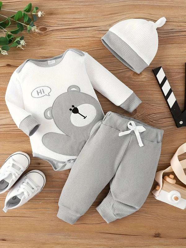 Cezhraničné INS novorodenec chlapec jar a jeseň výšivka roztomilý medvedík dlhý rukáv nohavice klobúk príliv