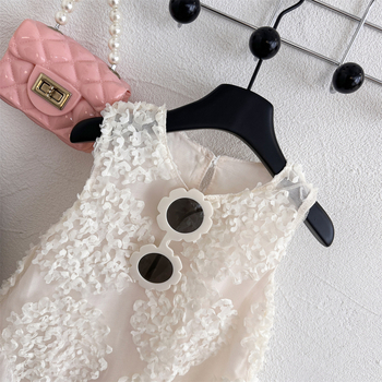 77286 κορίτσια καλοκαίρι νέο 2024 παιδική ιδιοσυγκρασία μόδας δαντέλα πλέγμα αμάνικο φόρεμα πριγκίπισσας φόρεμα