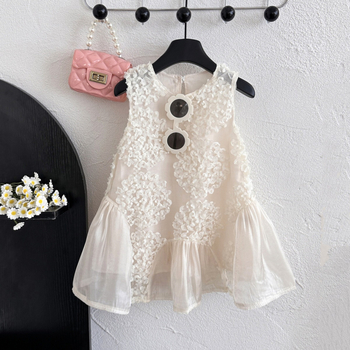 77286 κορίτσια καλοκαίρι νέο 2024 παιδική ιδιοσυγκρασία μόδας δαντέλα πλέγμα αμάνικο φόρεμα πριγκίπισσας φόρεμα