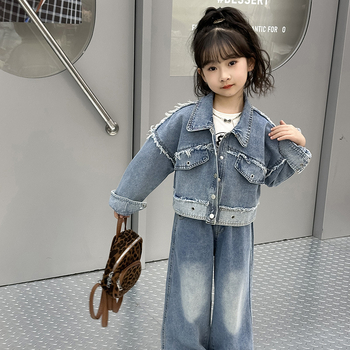 Mergaičių pavasarinis kostiumas 2025 m. Naujas vaikiškas madingas džinsinis plačių klešnių kostiumas Stilinga mergaičių pavasario ir rudens dviejų dalių suknelė