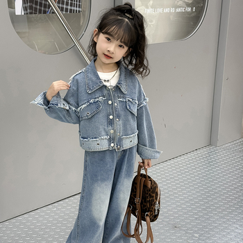 Mergaičių pavasarinis kostiumas 2025 m. Naujas vaikiškas madingas džinsinis plačių klešnių kostiumas Stilinga mergaičių pavasario ir rudens dviejų dalių suknelė