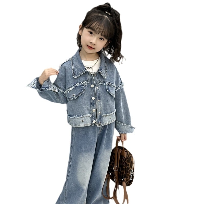 Mergaičių pavasarinis kostiumas 2025 m. Naujas vaikiškas madingas džinsinis plačių klešnių kostiumas Stilinga mergaičių pavasario ir rudens dviejų dalių suknelė