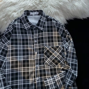 Άνοιξη και Φθινόπωρο Κλασικό Vintage Ασπρόμαυρο Καρό Ανδρικό Πουκάμισο με Μακρυμάνικο και Χαλαρό Casual Μπλουζάκι