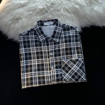 Άνοιξη και Φθινόπωρο Κλασικό Vintage Ασπρόμαυρο Καρό Ανδρικό Πουκάμισο με Μακρυμάνικο και Χαλαρό Casual Μπλουζάκι