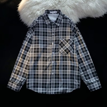 Άνοιξη και Φθινόπωρο Κλασικό Vintage Ασπρόμαυρο Καρό Ανδρικό Πουκάμισο με Μακρυμάνικο και Χαλαρό Casual Μπλουζάκι