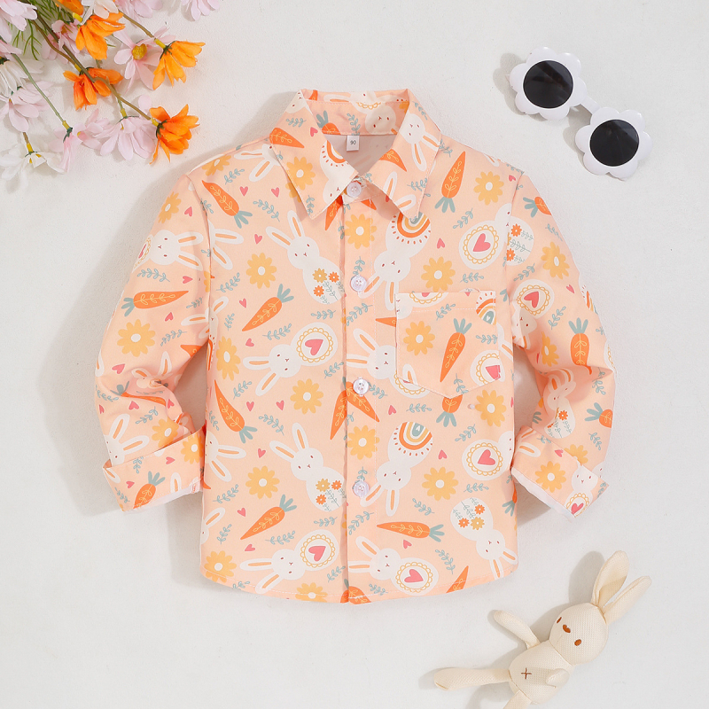 Nové cezhraničné jarné a letné chlapčenské tričko s dlhým rukávom a potlačou mrkvy a králika, veľkoobchodná továreň