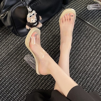 Ευρωπαϊκή και αμερικανική μόδα σέξι διαφανή λουράκια slip-on γυναικών καλοκαίρι νέα χοντρά τακούνια σανδάλια για υπαίθριες δραστηριότητες casual ευέλικτα ψηλοτάκουνα