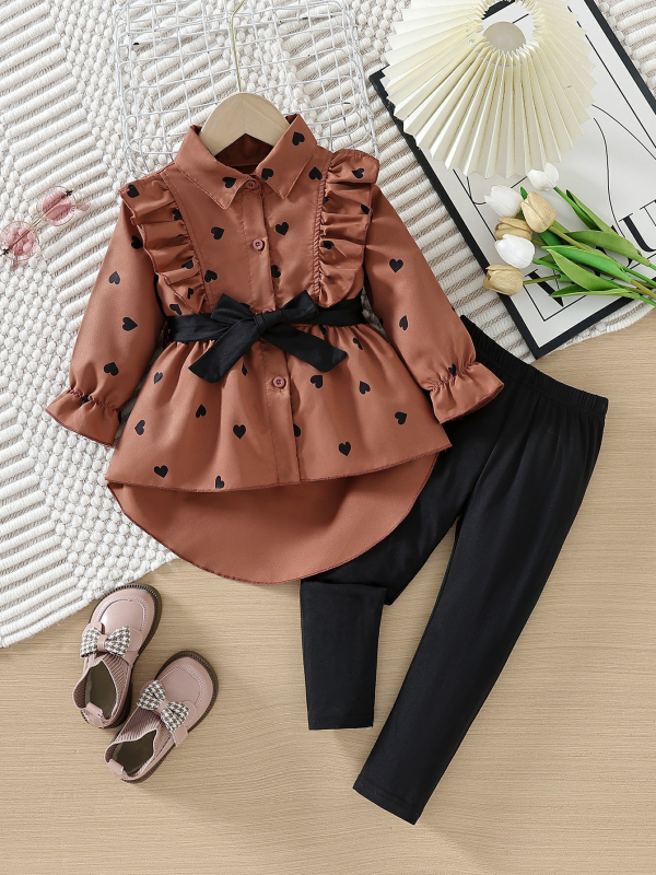 2024. aasta lasterõivaste piiriülene sügisene uus tüdrukute moodne pikk särkkleit vööga ja leggings-ülikonnaga