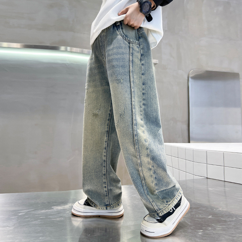 Poiste püksid kevad ja sügis 2025 uued kevadised laste sirged laiad püksid suurtele poistele ilusad teksad