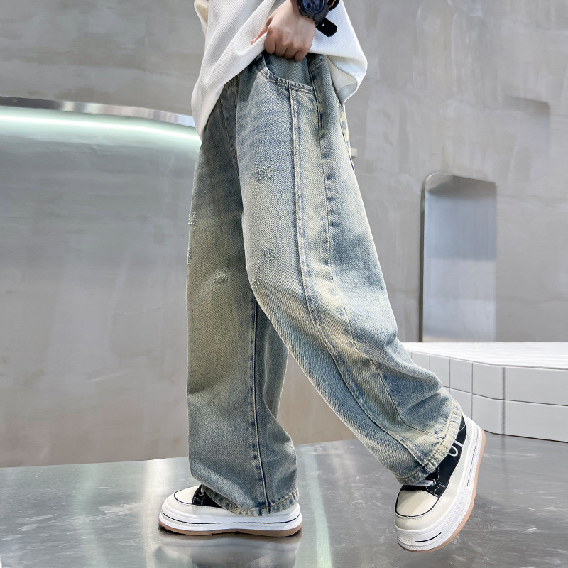 Poiste püksid kevad ja sügis 2025 uued kevadised laste sirged laiad püksid suurtele poistele ilusad teksad