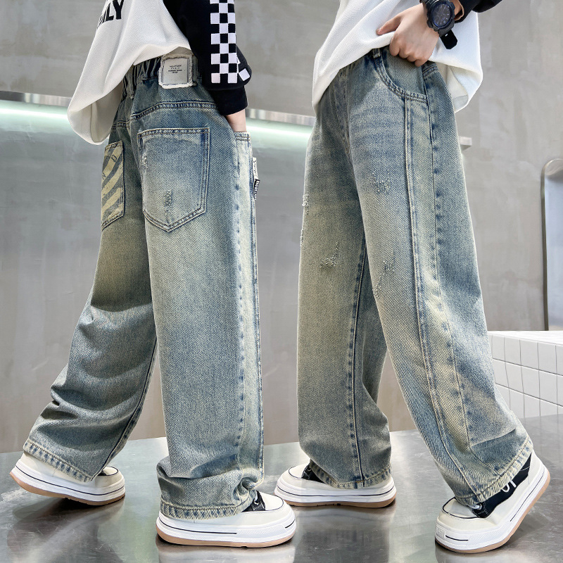 Poiste püksid kevad ja sügis 2025 uued kevadised laste sirged laiad püksid suurtele poistele ilusad teksad