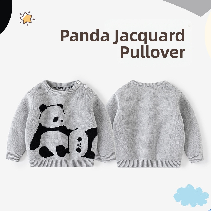 Майка ми и аз, детски пуловер Panda Jacquard Thickened Pullover, памучен плетен пуловер за момче, бебешки пуловер клас А