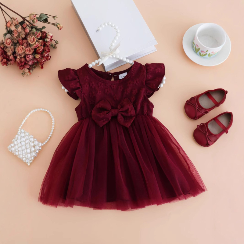 Letné šaty pre dievčatá vo veku 0-2 roky s čipkou a mašľou pre princeznovské šaty pre bábätká, spln, jednoročná sukňa pre zahraničný obchod