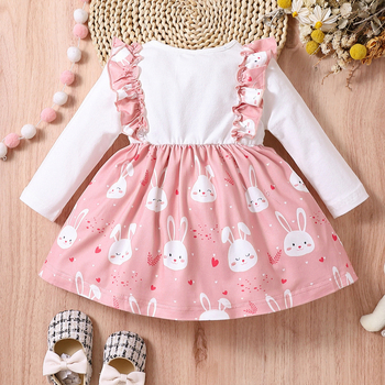 Νέα ευρωπαϊκή και αμερικανική παιδική ένδυση για την άνοιξη και το φθινόπωρο, φόρεμα με μακριά μανίκια για κορίτσια με πασχαλινό λαγουδάκι, παιδικό φόρεμα με φούστα