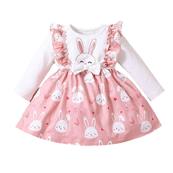 Νέα ευρωπαϊκή και αμερικανική παιδική ένδυση για την άνοιξη και το φθινόπωρο, φόρεμα με μακριά μανίκια για κορίτσια με πασχαλινό λαγουδάκι, παιδικό φόρεμα με φούστα