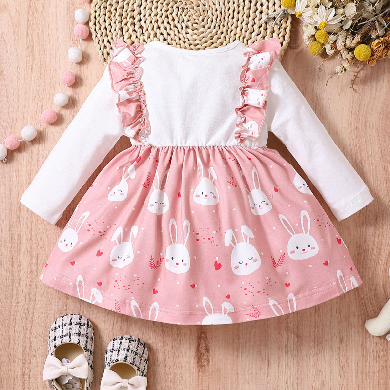 Jarné a jesenné nové európske a americké detské oblečenie, veľkonočný zajačik, dievčenské šaty s dlhým rukávom, detské šaty so sukňou