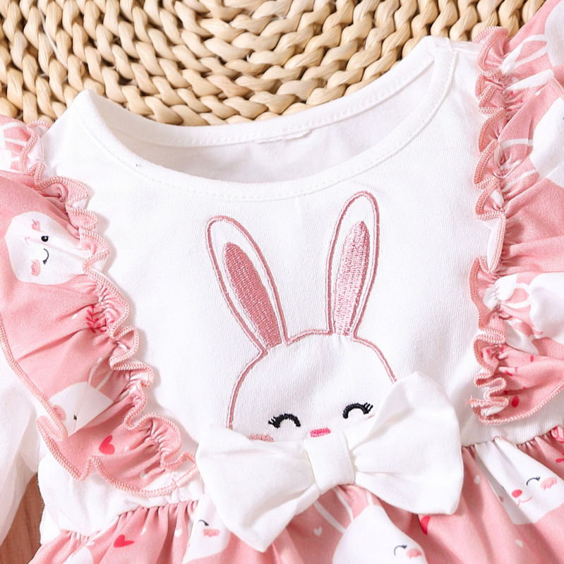 Jarné a jesenné nové európske a americké detské oblečenie, veľkonočný zajačik, dievčenské šaty s dlhým rukávom, detské šaty so sukňou