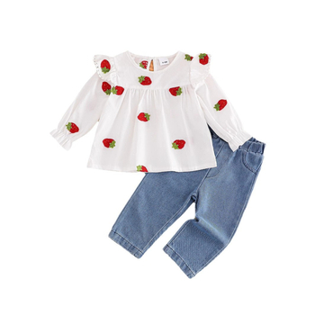 Παιδικό τζιν παντελόνι με στάμπα φράουλας για την άνοιξη και το φθινόπωρο, casual και μοντέρνο, για κορίτσια