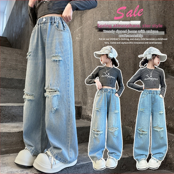 Djevojačke traperice 2025., nove velike dječje široke ravne elegantne duge ležerne hlače s rupicom