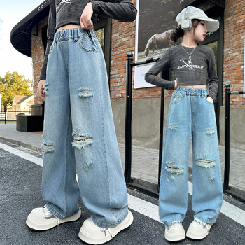 Τζιν για κορίτσια Άνοιξη 2025 Νέο μεγάλο παιδικό φαρδύ ίσιο, κομψό, μακρύ, casual παντελόνι με τρύπες