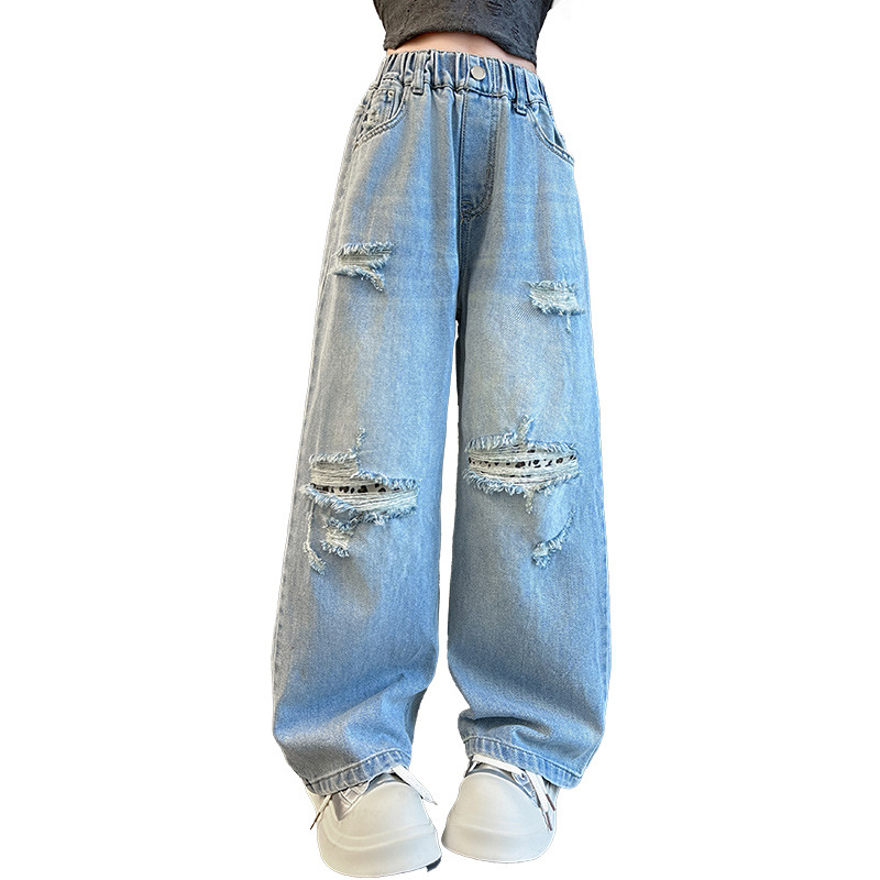 Djevojačke traperice 2025., nove velike dječje široke ravne elegantne duge ležerne hlače s rupicom