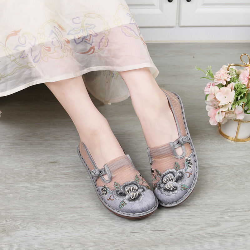 Dámske letné ľadovo hodvábne sieťované topánky z pekinskej látky s mäkkou podrážkou, pohodlné, protišmykové topánky pre stredný a starší vek, vyšívané sieťované topánky