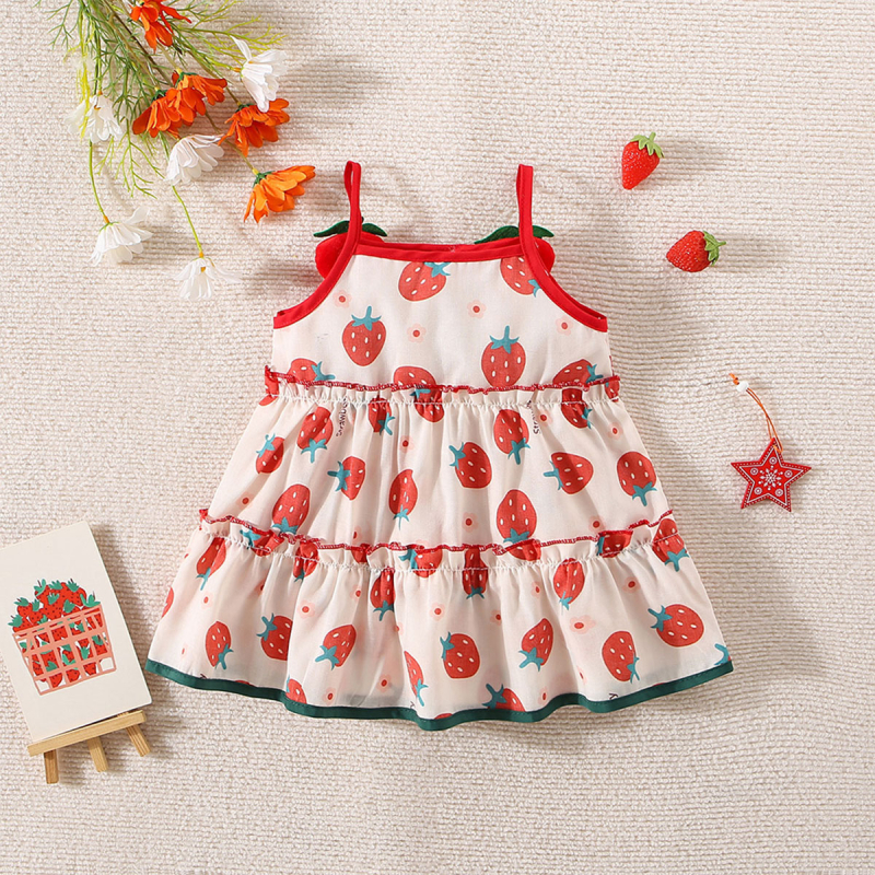 Letné nové dievčenské trojrozmerné jahodové lasagne šaty