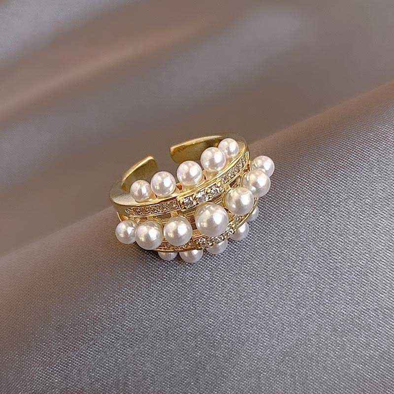 Europietiškos ir amerikietiškos mados universalus perlų žiedas, moteriškos asmenybės nišinis dizainas, pažangus šalto stiliaus temperamento atviras žiedas