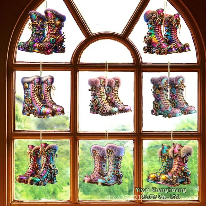 Трансгранични нови 16 броя коледни креативни пънк цветни ботуши за дома дървена декорация за парти висулка