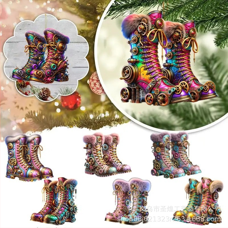 Трансгранични нови 16 броя коледни креативни пънк цветни ботуши за дома дървена декорация за парти висулка