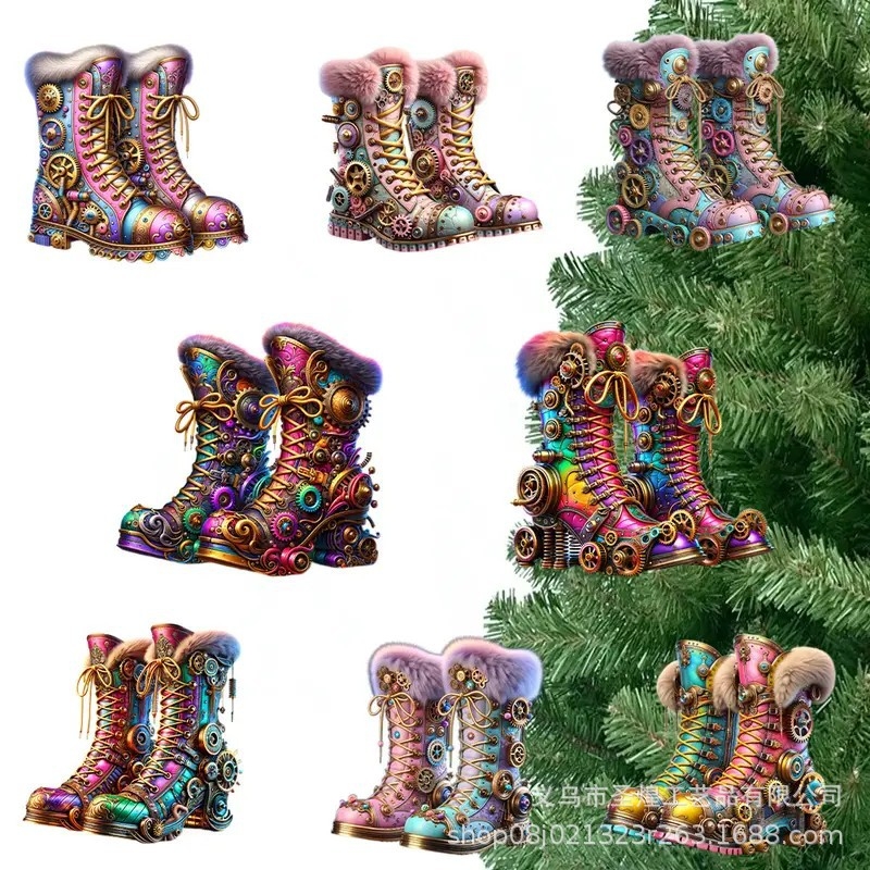 Трансгранични нови 16 броя коледни креативни пънк цветни ботуши за дома дървена декорация за парти висулка