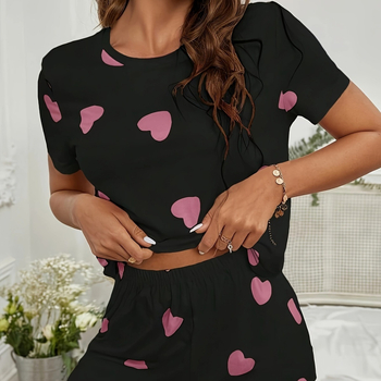 Εξωτερικό Εμπόριο Casual Home Wear Διασυνοριακές Γυναικείες Πιτζάμες σε σχήμα καρδιάς με στάμπα, κοντομάνικο σορτς, δύο τεμαχίων, φαρδύ κοστούμι plus size