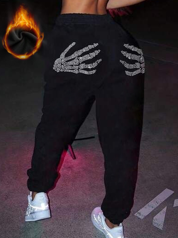 Amazon AliExpress europske i američke nove flisom podstavljene zadebljane lubanje vruće dijamantne hlače ležerne hlače za Noć vještica