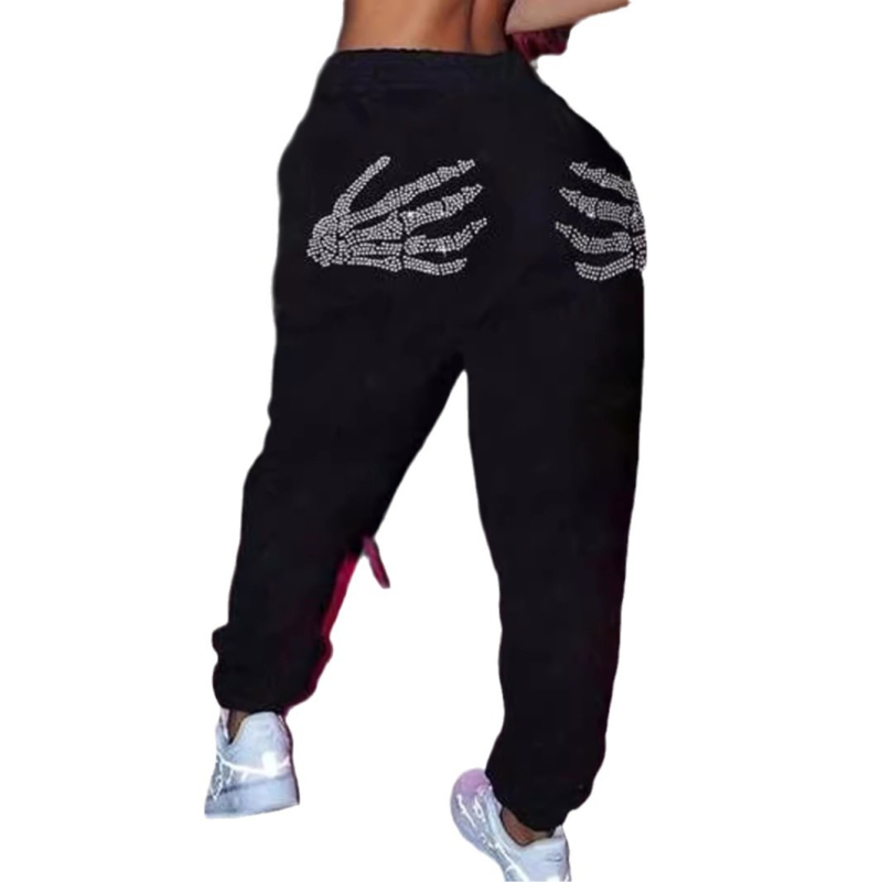 Amazon AliExpress europske i američke nove flisom podstavljene zadebljane lubanje vruće dijamantne hlače ležerne hlače za Noć vještica