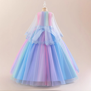 Φόρεμα με ντεγκραντέ ουράνιο τόξο για κορίτσια, μακρύ παιδικό φόρεμα με φιόγκο και πλέγμα, φόρεμα για πάρτι χορού για κορίτσια
