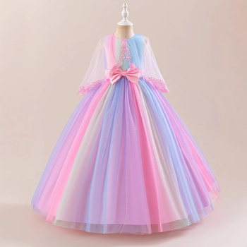 Φόρεμα με ντεγκραντέ ουράνιο τόξο για κορίτσια, μακρύ παιδικό φόρεμα με φιόγκο και πλέγμα, φόρεμα για πάρτι χορού για κορίτσια