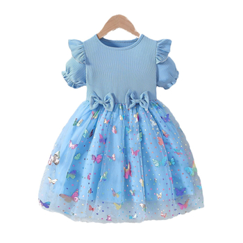 Εξωτερικό εμπόριο καλοκαίρι νέα κορίτσια Ευρώπη και Ηνωμένες Πολιτείες γλυκό λουλούδι πλέγμα κοντό μανίκι μικρό μανίκι μύγα φόρεμα φούστα Α-γραμμή παιδιά Tide