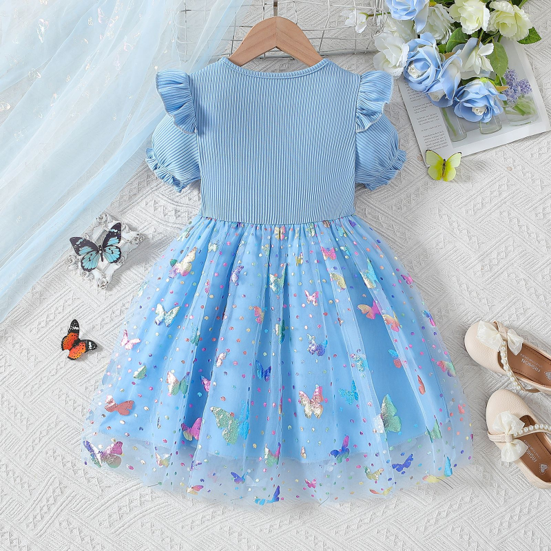 Vanjska trgovina ljetne nove djevojke Europe i Sjedinjenih Država slatka cvjetna mrežasta haljina kratkih rukava s malim letećim rukavima dječja A-kroja suknja plima